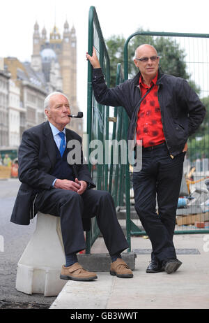 Labour veteran Tony Benn (left) chats with musician and music producer Brian Eno at Whitehall, as they wait to enter Downing Street to deliver a letter from the Stop The War Campaign regarding the conflict in Georgia. Stock Photo