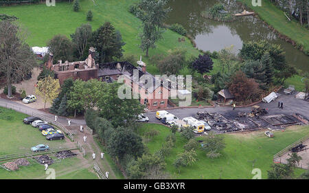 Aerial picture of the burnt-out, Osbaston House in Maesbrook, Shropshire, the home of millionaire businessman Christopher Foster. Stock Photo