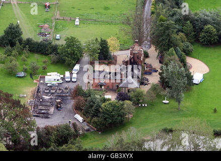 Aerial picture of the burnt-out, Osbaston House in Maesbrook, Shropshire, the home of millionaire businessman Christopher Foster. Stock Photo