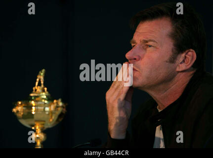 European captain Nick Faldo (left) with the Ryder Cup during a press conference at the Kentucky Exposition Center in Louisville, Kentucky, USA. Stock Photo