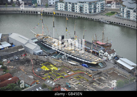 An aerial view of Brunel's SS Great Britain during a flight as part of the Balloon Fiesta at Ashton Court. Stock Photo