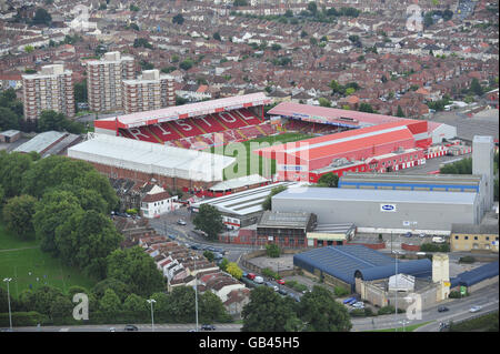 A general view of Bristol City's football ground and stadium, Ashton Gate taken during a flight over Bristol as part of the Balloon Fiesta at Ashton Court. Stock Photo