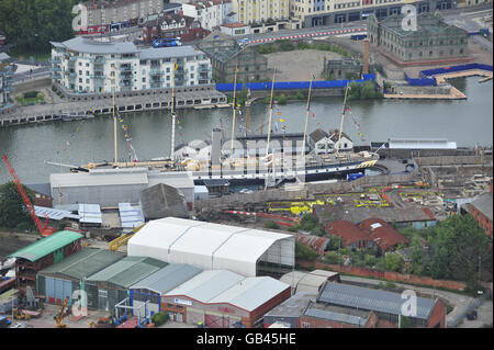 An aerial view of Brunel's SS Great Britain taken during a flight over Bristol as part of the Balloon Fiesta at Ashton Court. Stock Photo