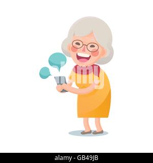 Vector Illustration of Happy Grandma Using Smart phone Isolated  on White Background, Cute Cartoon Character Stock Vector