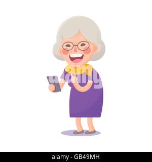 Vector Illustration of Happy Grandma Selfie on Smart phone Isolated  on White Background, Cute Cartoon Character Stock Vector