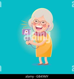 Vector Illustration of Happy Grandma Watch Movie From Smart phone , Cute Cartoon Character Stock Vector