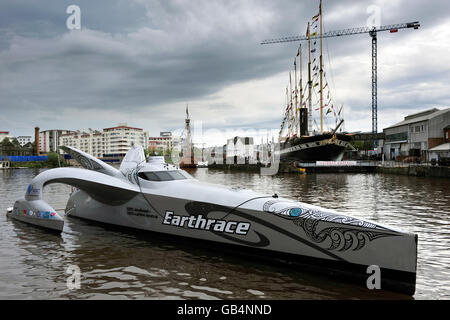 A general view of the Earthrace boat by the Matthew near the SS Great Britain at Hotwells, Bristol. It is powered by 100% biodiesel fuel and boasts a net zero carbon footprint. Earthrace set a new world record in June of this year for circumnavigating the globe - which it did in 60 days, 23 hours and 49 minutes, beating the previous world record by nearly 14 days. Stock Photo