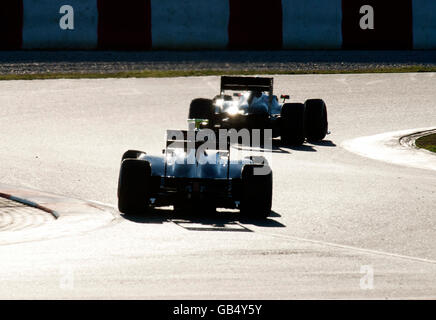 Two cars, Formula 1 testing at the Circuit de Catalunya race track in Barcelona, Spain, Europe Stock Photo