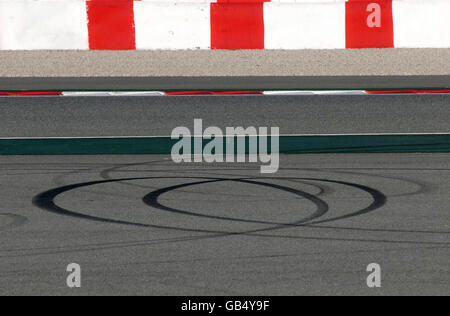 Tire tracks, motor sports, Formula 1 testing on the Circuit de Catalunya race car in Barcelona, Spain, Europe Stock Photo