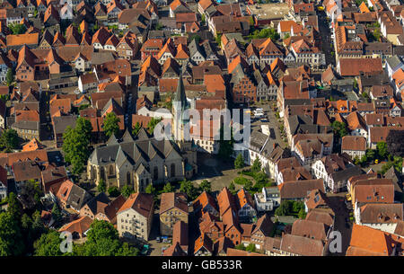 Aerial view, half-timbered houses on the market square, old town with church St.Laurentius at the market, overview of the old Stock Photo