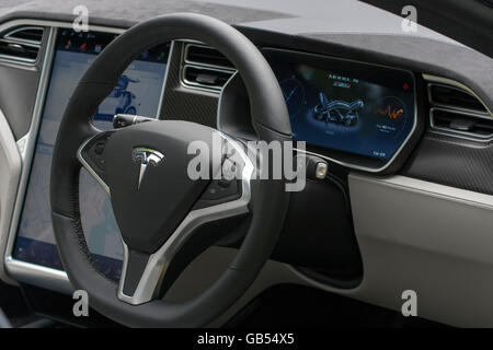 Tesla Electric Car Dashboard and Steering Wheel Stock Photo