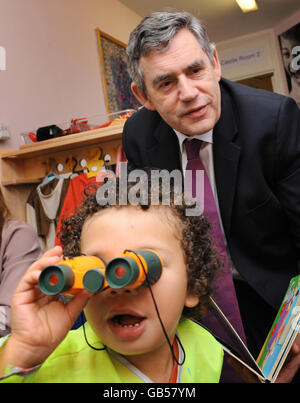 Prime Minister Gordon Brown meets children at Old Moat Sure Start Children's Centre in Withington, south Manchester, today on the first day of the Labour Party conference. Stock Photo