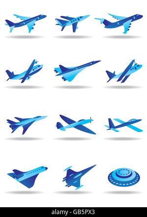 Different airplanes in flight icons set - vector illustration Stock Vector