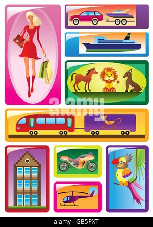 Different children's toys in boxes - vector illustration Stock Vector