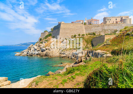 View of Calvi old town and beautiful bay with beach on Corsica island, France Stock Photo