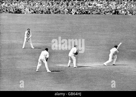 Australia's Don Bradman (r) punishes a loose ball, watched by England wicketkeeper George Duckworth (second r) Stock Photo