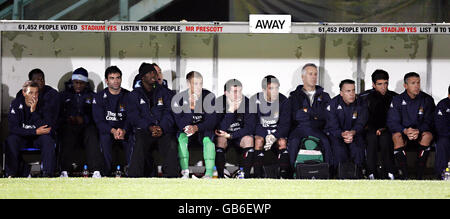 The Manchester City bench enjoy the facilities during the Carling Cup Second Round match at the Withdean Stadium, Brighton. Stock Photo