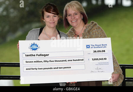 EuroMillions winner Ianthe Fullagar celebrates during a photocall at the Castle Green Hotel in Kendal, Cumbria. Stock Photo