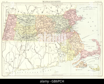 MASSACHUSETTS: State map showing counties. Britannica 9th edition, 1898 Stock Photo