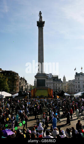 Thousands gather in Trafalgar Square in central London to celebrate Eid ul-Fitr which marks the end of Ramadan. Stock Photo