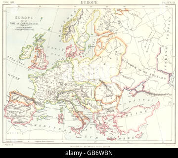 Map of Europe in the time of Charlemagne 768-814 AD. Color lithograph ...