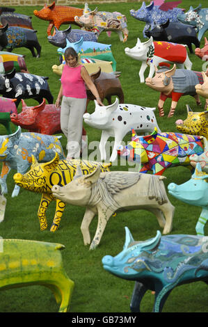 King Bladud's Pigs in Bath, with founder of the King Bladud's Pigs project Gitte Dawson, a public art event to celebrate Bath, its origins and its artists, on the lawn in front of the Royal Crescent in Bath. Stock Photo