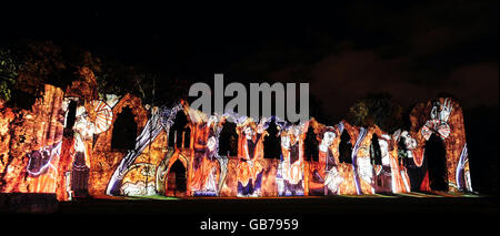 The medieval ruins of St Mary's Abbey in York are illuminated as part of the Illuminating York Festival. Stock Photo