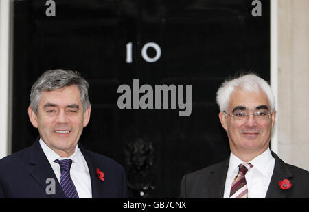 Prime Minister Gordon Brown (left) with Chancellor of the Exchequer Alistair Darling after meeting representatives from the Scottish Poppy Appeal, outside 10 Downing Street, London. Stock Photo