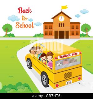 Children Going To School By School Bus, Back to school, Educational, Stationery, Children, Subjects, Knowledge, Teaching Aid Stock Vector