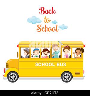 Children Enjoy On School Bus, Back to school, Educational, Stationery, Book, Children, Subjects, Knowledge, Teaching Aid Stock Vector