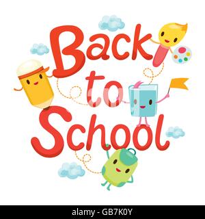 Back To School Letters With Education Characters, Educational, Stationery, Book, Children, Teaching Aid, Objects, Icons Stock Vector