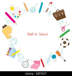 School Supplies Icons On Circle Frame, Back to school, Educational, Stationery, Book, Children, Teaching Aid, Objects, Icons Stock Vector