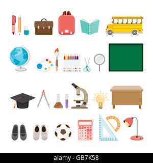School Supplies Icons Set, Back to school, Educational, Stationery, Book, Children, Teaching Aid, Objects, Icons Stock Vector