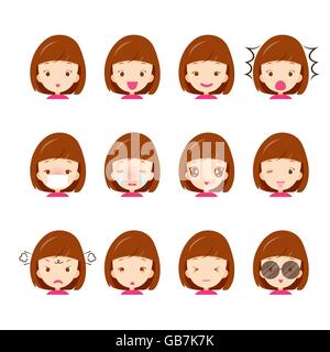 Cute girl emoticons set, emoji, facial, feeling, mood, personality, symbol Stock Vector