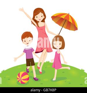 Mother, Son And Daughter Enjoying In Park, Vacations, Holiday, Relationship, Cheerful, Togetherness, Lifestyle Stock Vector