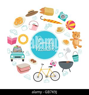 Family Vacation Objects Icons on Round Frame, Holiday, Relationship, Cheerful, Togetherness, Lifestyle Stock Vector