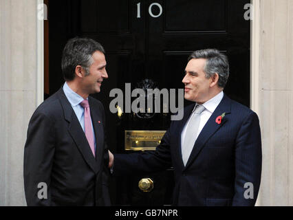 Prime Minister Gordon Brown says goodbye to his Norwegian counterpart Jens Stoltenberg at Downing St following talks. Stock Photo