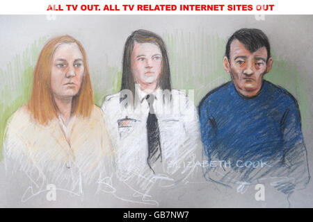 ALL TV OUT. ALL TV RELATED INTERNET SITES OUT. Court artist Elizabeth Cook's impression of Karen Matthews, 33, (left) and Michael Donovan, 40, (right) during the first day of their trial at Leeds Crown Court. Stock Photo