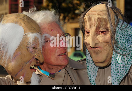 Erica Marston, 88, with two 'scary pensioner' masks on sale in Woolworthes, which have been condemned as 'deeply inappropriate' and discriminating against the elderly, by the politician Liz Lynne, Liberal Democrat MEP for the West Midlands, who said: 'Halloween is supposed to be a fun time, but I think that the singling out of older people by Woolworths as something to ridicule steps over the line.' A Woolworths spokesman defended the sales but offered an apology to anyone offended. Stock Photo