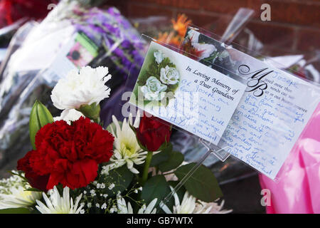 Tributes left at the scene where Joseph Lappin, 16, was stabbed to death outside a youth club in Everton on Monday night. Stock Photo