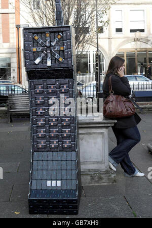 A giant sculpture made entirely from old mobile phones stands in Golden Square, central London. Stock Photo