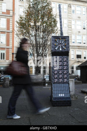 A giant sculpture made entirely from old mobile phones stands in Golden Square, central London. Stock Photo