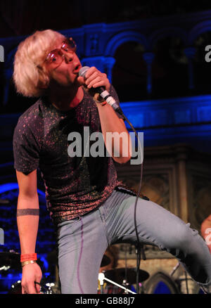 Matt Shultz of Cage The Elephant performs, supporting Glasvegas, on the opening night of the MENCAP Little Noise Sessions at the Union Chapel in north London. Stock Photo