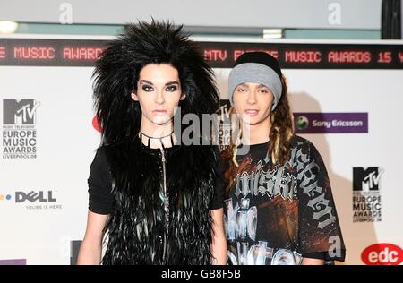 Tokio Hotel arrive for the 2008 MTV Europe Music Video Awards at the Echo Arena, Liverpool. Stock Photo