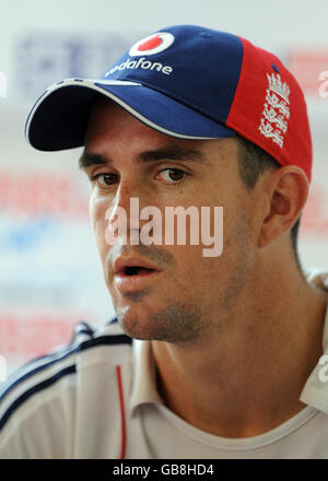 England captain Kevin Pietersen speaks to media during a Press Conference at Madhavrao Scindia Cricket Ground, Rajkot, India. Stock Photo