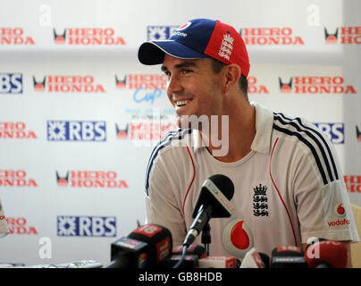 England captain Kevin Pietersen speaks to media during a Press Conference at Madhavrao Scindia Cricket Ground, Rajkot, India. Stock Photo