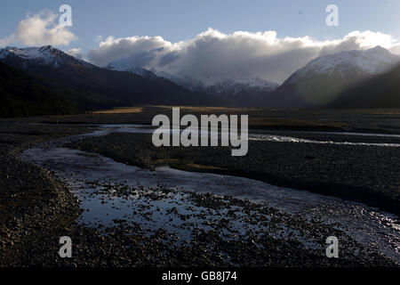 A river runs through Arthurs Pass, Canterbury, on the South Island New Zealand. Stock Photo