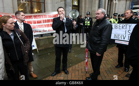 Teacher and British National Party member Adam Walker, from Houghton Kepier Sports College near Sunderland, speaks outside a General Teaching Council hearing in Birmingham, where he is accused of religious intolerance while contributing to a right-wing website. Stock Photo