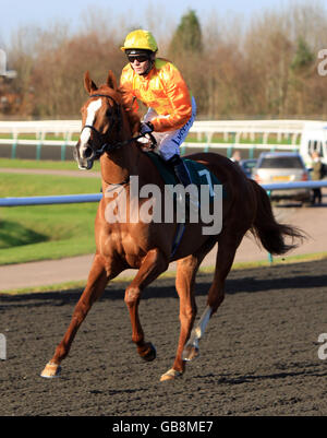 Jockey Jamie Spencer on Annabelle's Charm goes to post in the Colemans Hatch Maiden Stakes Stock Photo