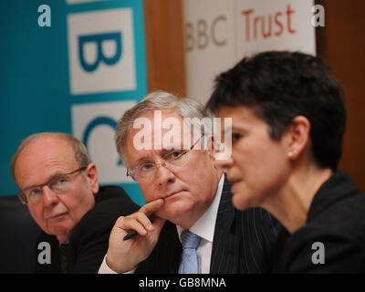 Sir Michael Lyons (centre), Chairman of the BBC Trust, with BBC Trustees Richard Tait (left) and Diane Coyle at a news conference at Broadcasting House in London today where they discussed their findings on the Jonathan Ross and Russell Brand phone call incident. Stock Photo